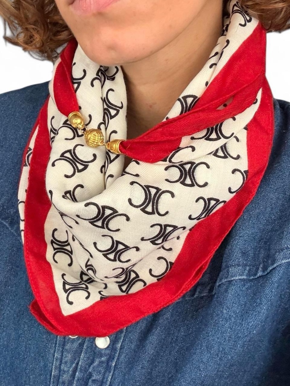 Designer-Inspired Red & Cream Logo Silk Scarf with Gold Accent